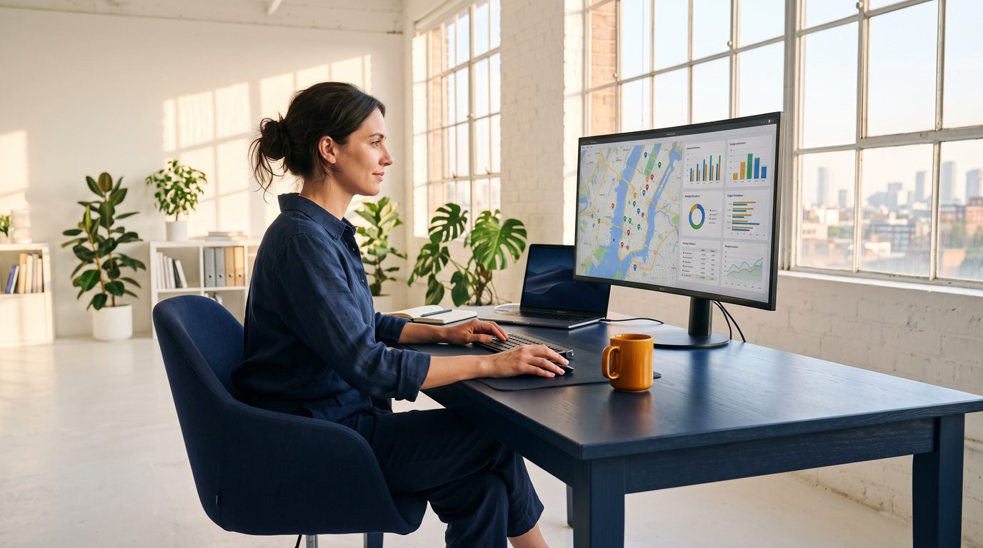 Person am Arbeitsplatz vor einem Monitor mit Standortkarte und Diagrammen