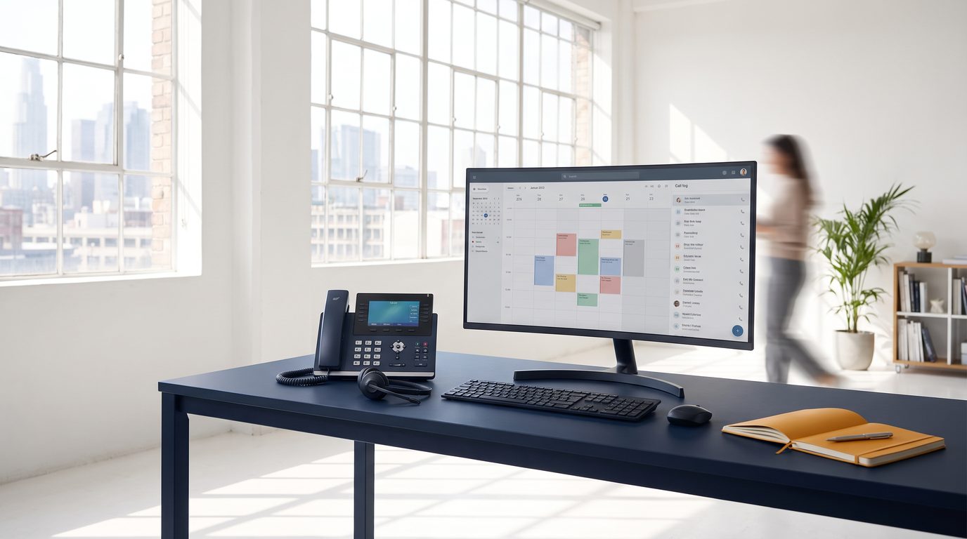 Heller Arbeitsplatz mit Telefon, Headset und Kalenderansicht auf dem Monitor